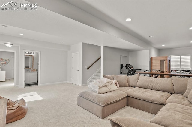 5446 Coltin Trl, Castle Rock, CO 80104 - living room featuring light carpet, stairs, recessed lighting, and baseboards