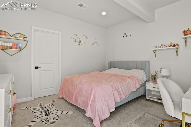 5446 Coltin Trl, Castle Rock, CO 80104 - bedroom with light carpet, beam ceiling, baseboards, and recessed lighting