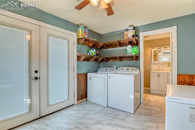 220 E 5th St, Florence, CO 81226 - laundry room with washer and dryer, french doors, light marble finish flooring, ceiling fan, and wainscoting