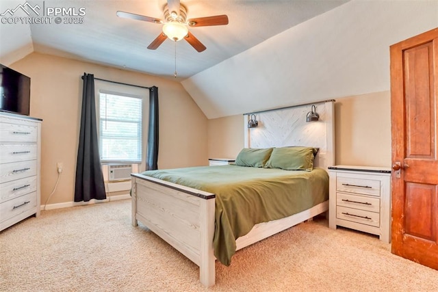 220 E 5th St, Florence, CO 81226 - bedroom with vaulted ceiling, light colored carpet, a ceiling fan, and cooling unit