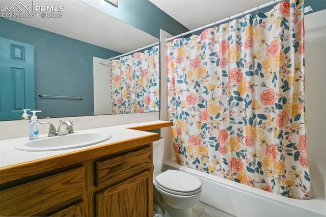 7942 French Rd, Colorado Springs, CO 80920 - bathroom featuring vanity, shower / bath combination with curtain, and toilet