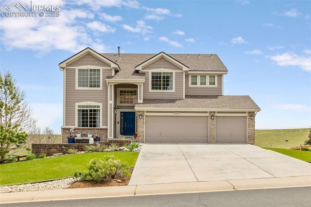 6950 Blue Mesa Ln, Littleton, CO 80125 - view of front of home with brick siding, a front yard, driveway, a garage, and roof with shingles