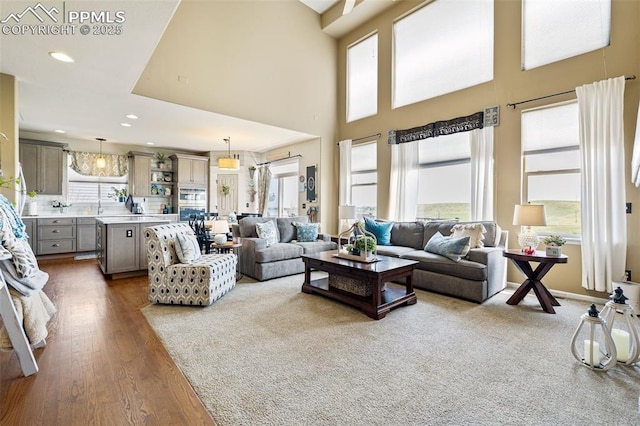 6950 Blue Mesa Ln, Littleton, CO 80125 - living room featuring dark wood-style floors, a towering ceiling, and recessed lighting