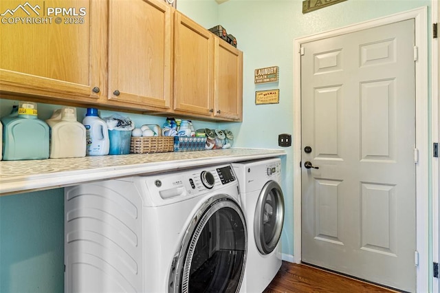6950 Blue Mesa Ln, Littleton, CO 80125 - washroom with cabinet space, washer and clothes dryer, and dark wood-style floors