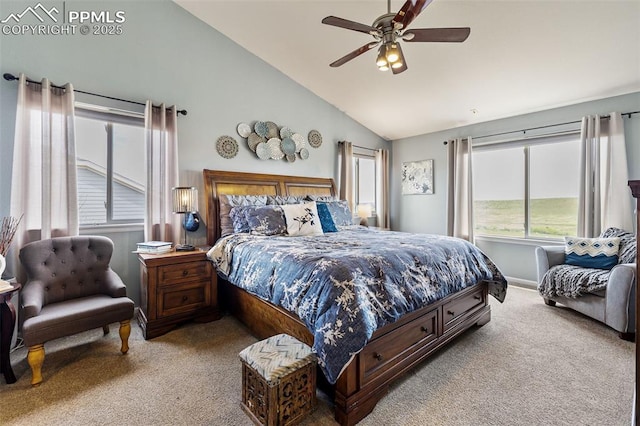 6950 Blue Mesa Ln, Littleton, CO 80125 - carpeted bedroom with high vaulted ceiling and a ceiling fan