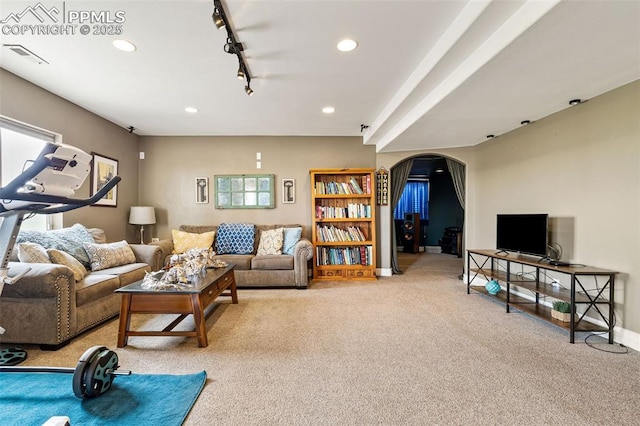 6950 Blue Mesa Ln, Littleton, CO 80125 - living area with arched walkways, light colored carpet, recessed lighting, baseboards, and rail lighting