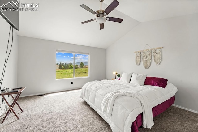5481 Pioneer Mesa Dr, Colorado Springs, CO 80923 - carpeted bedroom featuring vaulted ceiling and ceiling fan