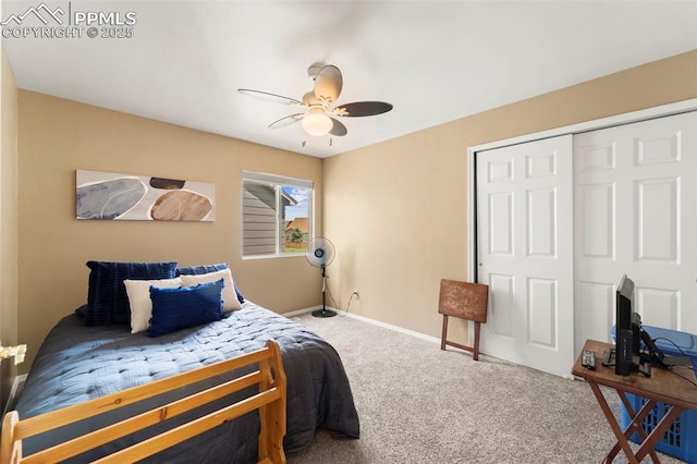 5481 Pioneer Mesa Dr, Colorado Springs, CO 80923 - bedroom featuring carpet flooring, a closet, and a ceiling fan