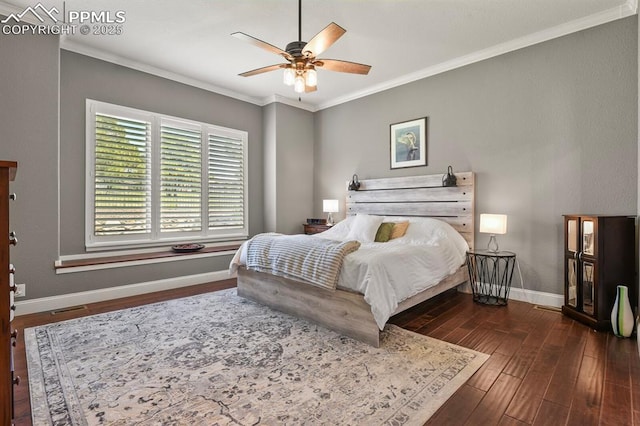 2512 Willow Glen Dr, Colorado Springs, CO 80920 - bedroom with dark wood-style flooring, ornamental molding, baseboards, and ceiling fan