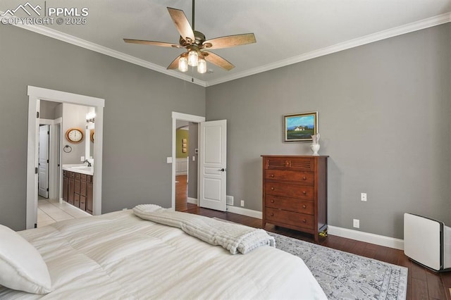 2512 Willow Glen Dr, Colorado Springs, CO 80920 - bedroom with ornamental molding, light wood-type flooring, baseboards, ceiling fan, and a sink