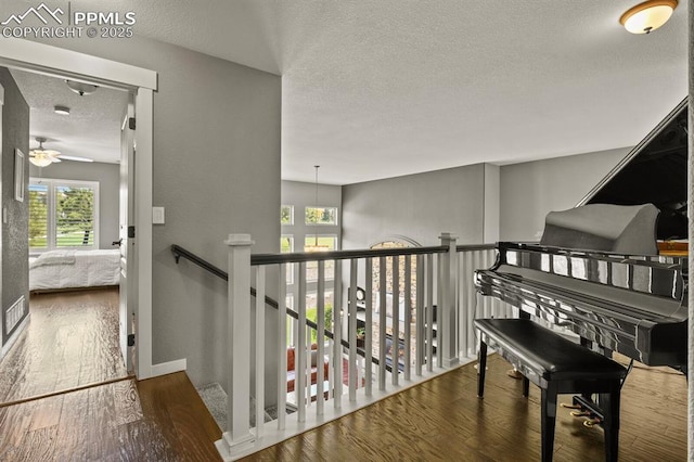 2512 Willow Glen Dr, Colorado Springs, CO 80920 - hallway with a textured ceiling, wood finished floors, healthy amount of natural light, and an upstairs landing