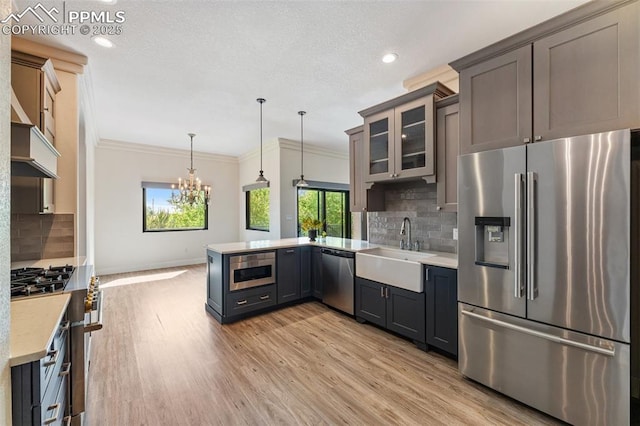 24 Redondo Ln, Pueblo, CO 81005 - kitchen with stainless steel appliances, a sink, a peninsula, light countertops, and ornamental molding
