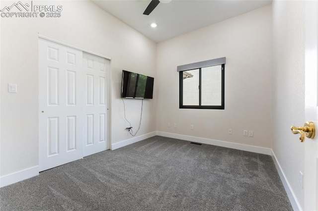 24 Redondo Ln, Pueblo, CO 81005 - unfurnished bedroom featuring dark carpet, baseboards, a closet, a ceiling fan, and recessed lighting
