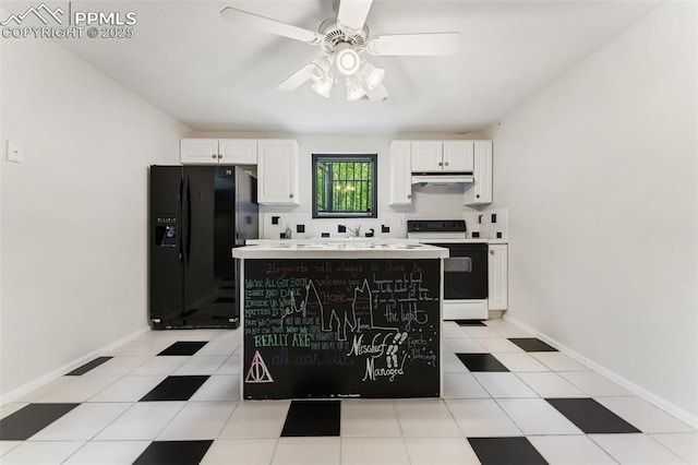 24 Redondo Ln, Pueblo, CO 81005 - kitchen with black refrigerator with ice dispenser, electric range, white cabinets, ceiling fan, and light countertops