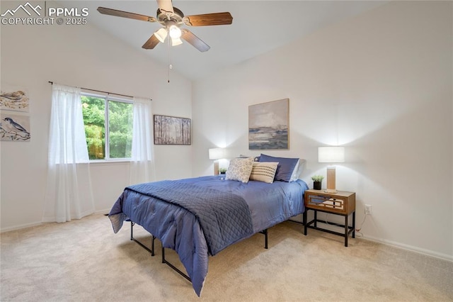 1020 Samuel Pt, Colorado Springs, CO 80906 - bedroom featuring light carpet, vaulted ceiling, baseboards, and a ceiling fan