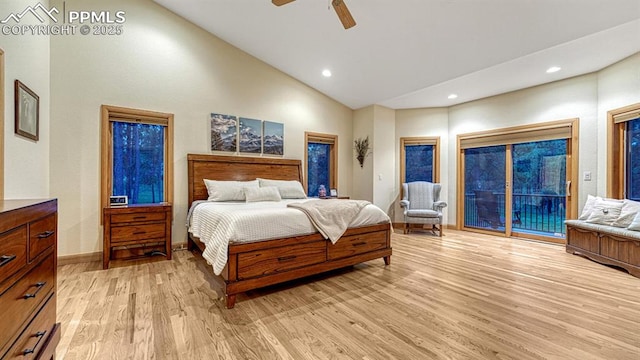 17910 Queensmere Dr, Monument, CO 80132 - bedroom featuring access to outside, light wood-style flooring, recessed lighting, baseboards, and high vaulted ceiling