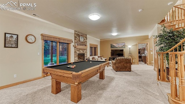 17910 Queensmere Dr, Monument, CO 80132 - recreation room featuring carpet floors, baseboards, billiards, a fireplace, and a textured ceiling
