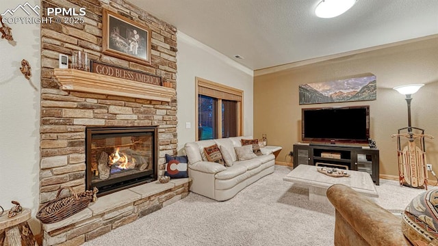 17910 Queensmere Dr, Monument, CO 80132 - carpeted living room with a stone fireplace, ornamental molding, and baseboards