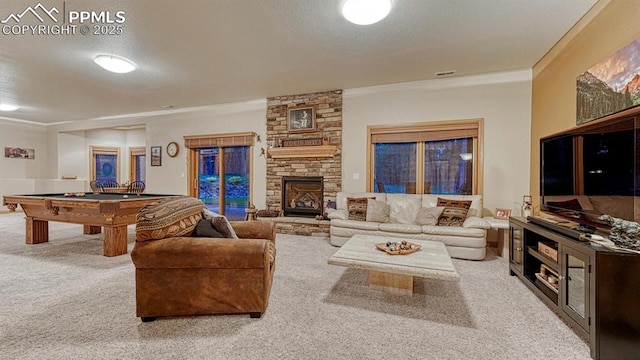 17910 Queensmere Dr, Monument, CO 80132 - carpeted living area featuring ornamental molding, billiards, and a textured ceiling