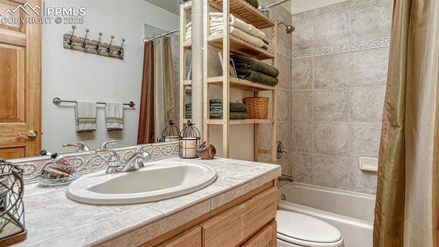 17910 Queensmere Dr, Monument, CO 80132 - bathroom featuring vanity, shower / bath combination with curtain, and toilet