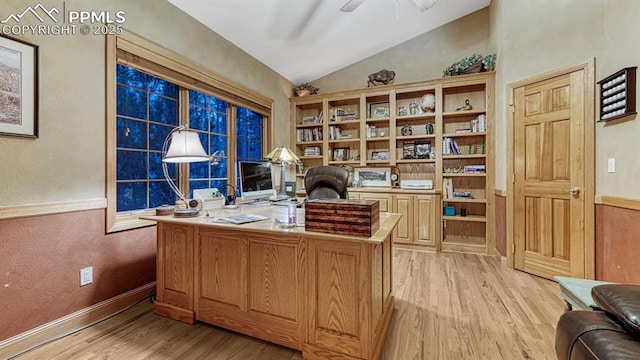 17910 Queensmere Dr, Monument, CO 80132 - office featuring light wood-style floors, vaulted ceiling, and ceiling fan