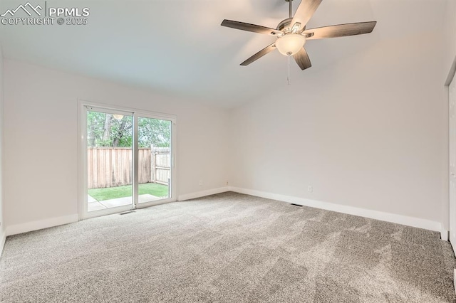 610 E San Gabriel Pl, Colorado Springs, CO 80906 - empty room featuring carpet, baseboards, ceiling fan, and lofted ceiling