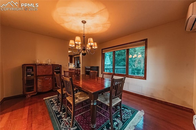 5145 Golden Hills Ct, Colorado Springs, CO 80919 - dining room with dark wood finished floors, a wall mounted AC, baseboards, and a chandelier
