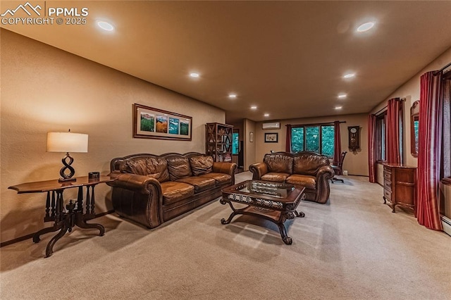 5145 Golden Hills Ct, Colorado Springs, CO 80919 - living area featuring carpet flooring, recessed lighting, baseboards, and an AC wall unit