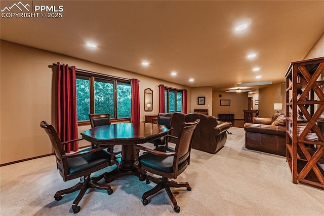 5145 Golden Hills Ct, Colorado Springs, CO 80919 - dining room with carpet flooring, recessed lighting, baseboards, and ceiling fan