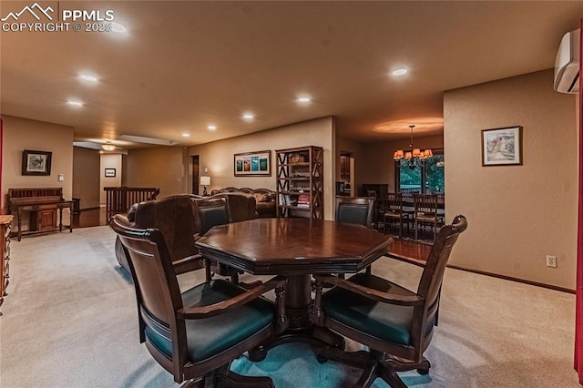 5145 Golden Hills Ct, Colorado Springs, CO 80919 - dining area with light colored carpet, a chandelier, an AC wall unit, recessed lighting, and baseboards