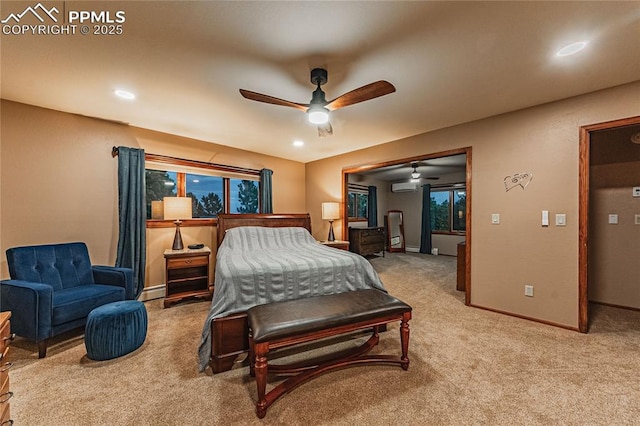 5145 Golden Hills Ct, Colorado Springs, CO 80919 - bedroom featuring carpet, baseboards, ceiling fan, recessed lighting, and a wall mounted air conditioner