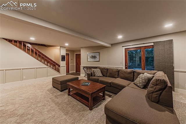 5145 Golden Hills Ct, Colorado Springs, CO 80919 - living room featuring stairway, recessed lighting, and carpet flooring