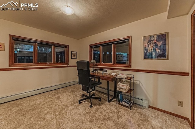 5145 Golden Hills Ct, Colorado Springs, CO 80919 - carpeted home office featuring a baseboard heating unit, a textured ceiling, and baseboards