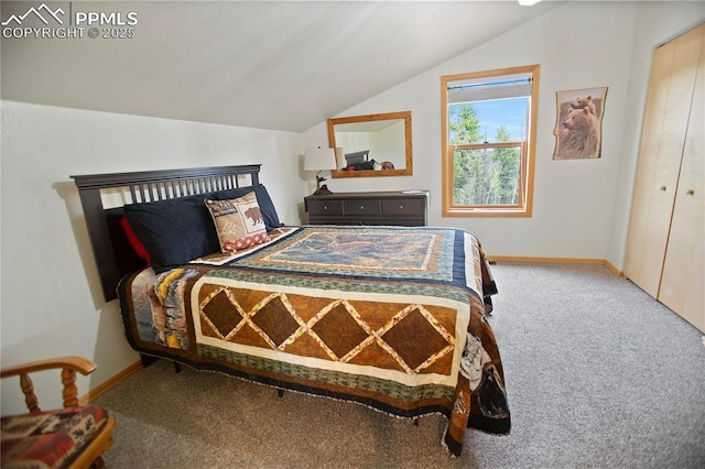 409 Pike View Dr, Divide, CO 80814 - bedroom featuring carpet, vaulted ceiling, and baseboards