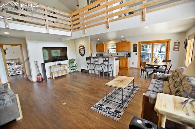 409 Pike View Dr, Divide, CO 80814 - living area featuring dark wood-type flooring, a towering ceiling, recessed lighting, and baseboards