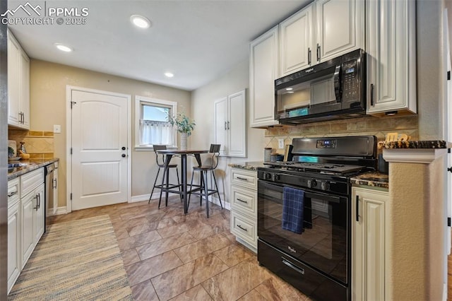 107 N Logan Ave, Colorado Springs, CO 80909 - kitchen featuring black appliances, tasteful backsplash, dark stone countertops, baseboards, and recessed lighting