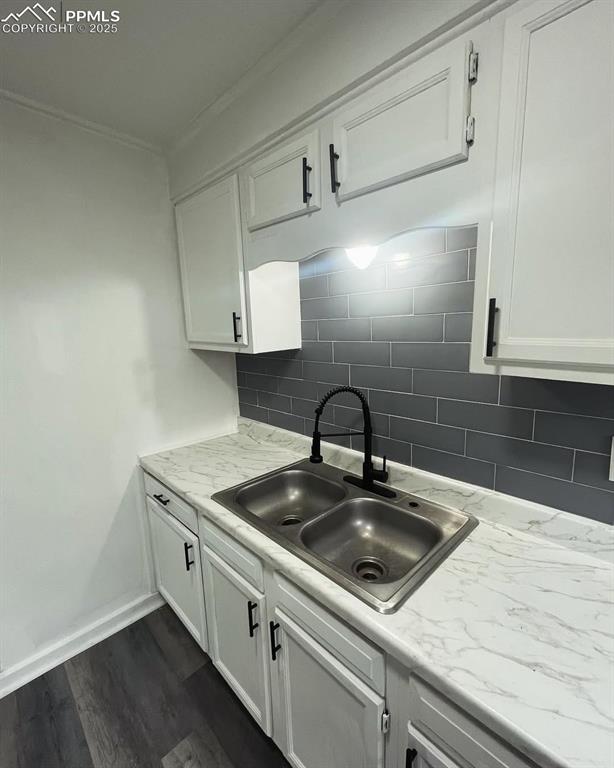 109 Cheyenne Blvd, Colorado Springs, CO 80905 - kitchen featuring a sink, white cabinetry, decorative backsplash, dark wood-style floors, and ornamental molding