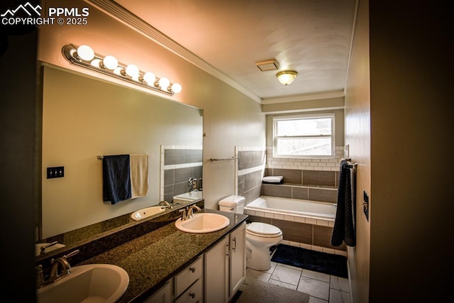 105 Pauma Valley Dr, Colorado Springs, CO 80921 - full bathroom with tiled bath, toilet, double vanity, tile patterned flooring, and crown molding