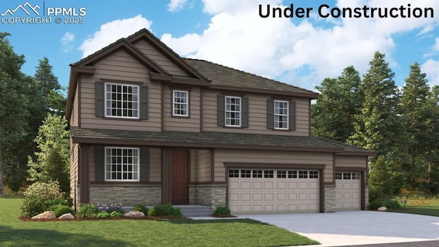 16967 Starfall Dr, Monument, CO 80132 - craftsman-style home featuring an attached garage, a front yard, stone siding, and driveway