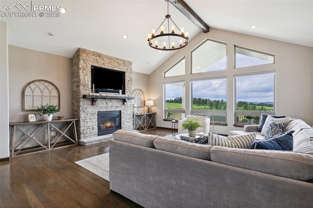 4808 Silver Nell Dr, Colorado Springs, CO 80908 - living room with dark wood-type flooring, beam ceiling, a stone fireplace, a chandelier, and high vaulted ceiling