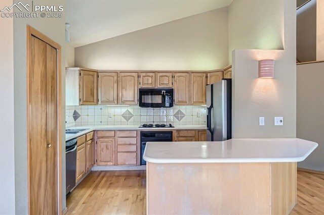 5437 Lions Gate Ln, Colorado Springs, CO 80919 - kitchen featuring black appliances, light wood finished floors, lofted ceiling, backsplash, and light countertops