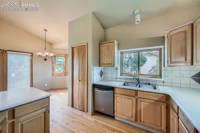 5437 Lions Gate Ln, Colorado Springs, CO 80919 - kitchen featuring dishwasher, backsplash, a chandelier, light countertops, and light wood finished floors