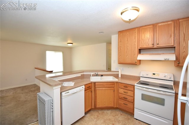 1310-1312 Market St, Colorado Springs, CO 80904 - kitchen featuring white appliances, under cabinet range hood, a peninsula, and light countertops