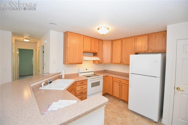 1310-1312 Market St, Colorado Springs, CO 80904 - kitchen featuring white appliances, wall chimney exhaust hood, light countertops, a peninsula, and light brown cabinetry