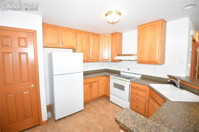 1310-1312 Market St, Colorado Springs, CO 80904 - kitchen with white appliances, under cabinet range hood, light brown cabinets, and dark countertops