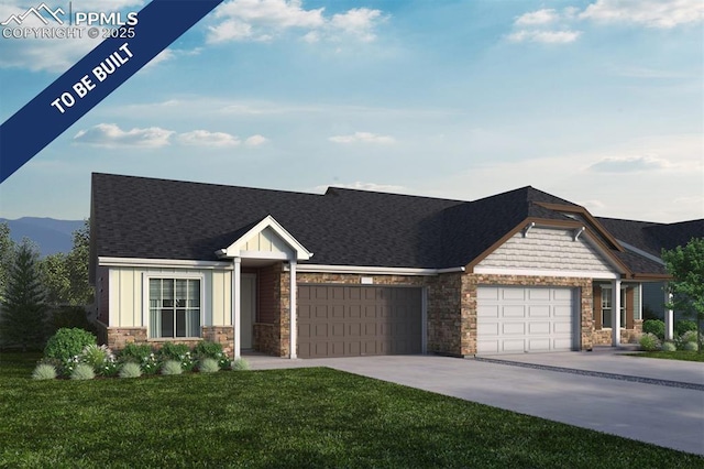 5783 Mireland Vw, Colorado Springs, CO 80927 - view of front facade with an attached garage, stone siding, concrete driveway, a front yard, and board and batten siding