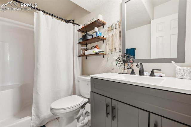 11420 Texarkanna Rd, Peyton, CO 80831 - full bath featuring toilet, vanity, a textured wall, and tile patterned floors