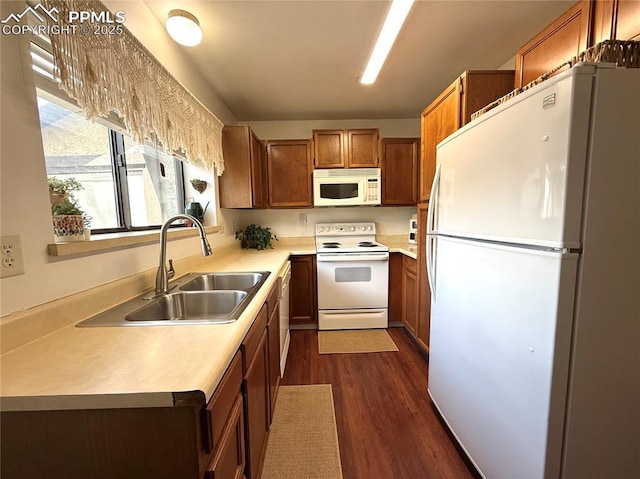 1660 Maitland Ct, Colorado Springs, CO 80919 - kitchen featuring white appliances, a sink, dark wood-style flooring, brown cabinetry, and light countertops