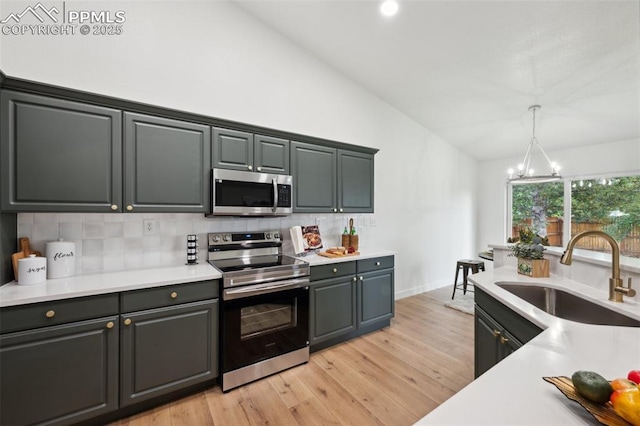 4530 Star Ridge Dr, Colorado Springs, CO 80916 - kitchen featuring appliances with stainless steel finishes, a sink, lofted ceiling, backsplash, and light countertops
