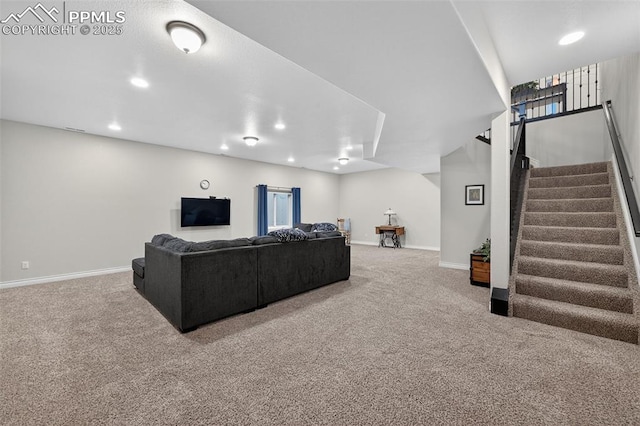 9661 Fresh Air Dr, Colorado Springs, CO 80924 - carpeted living room with stairway, baseboards, and recessed lighting